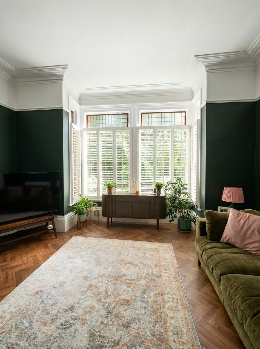 Bay window with bespoke white plantation shutters in a York living room